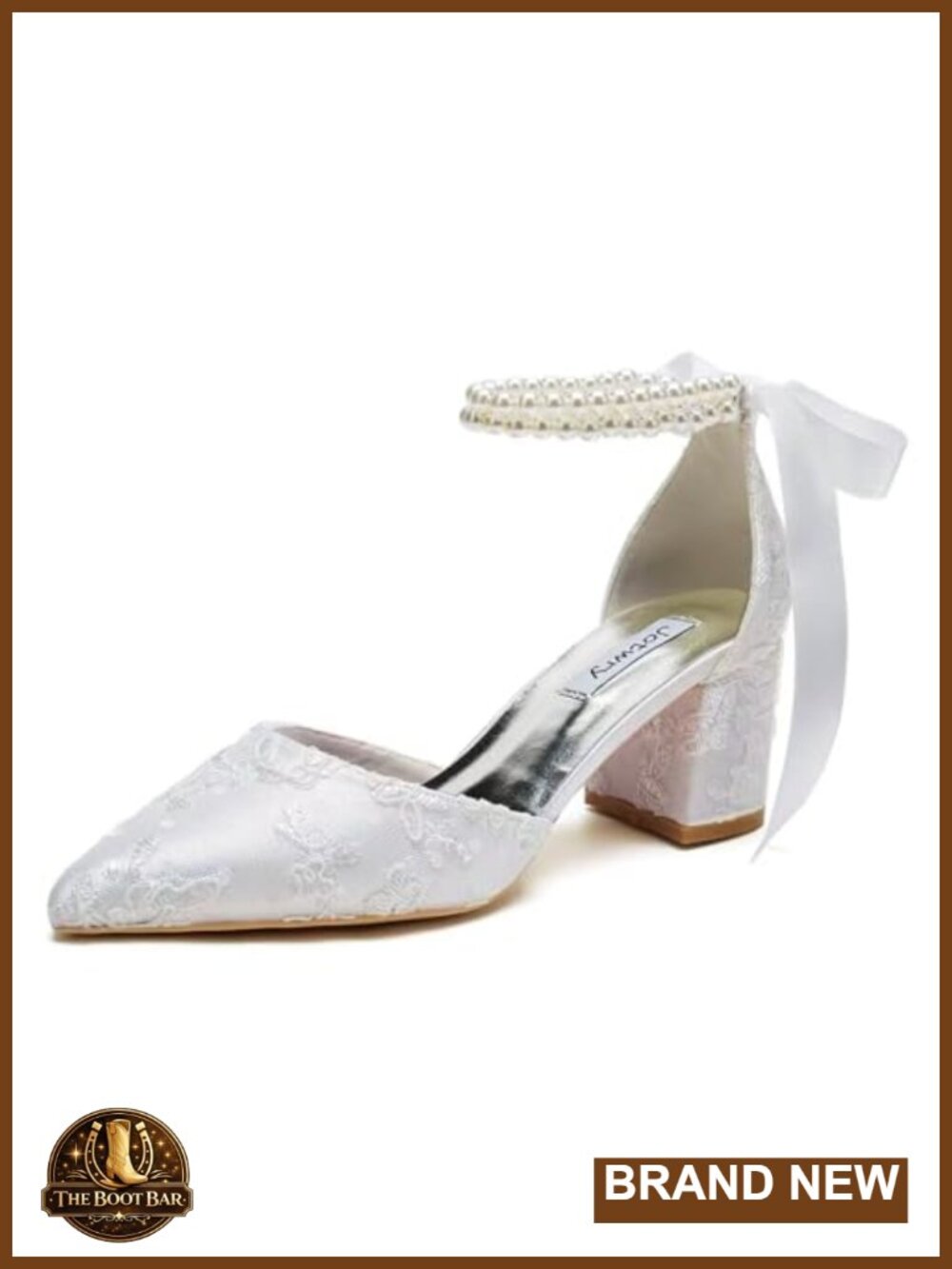Block Heel Wedding Pumps Bridal Shoes Pearl Ankle Strap Pointed Toe Lace